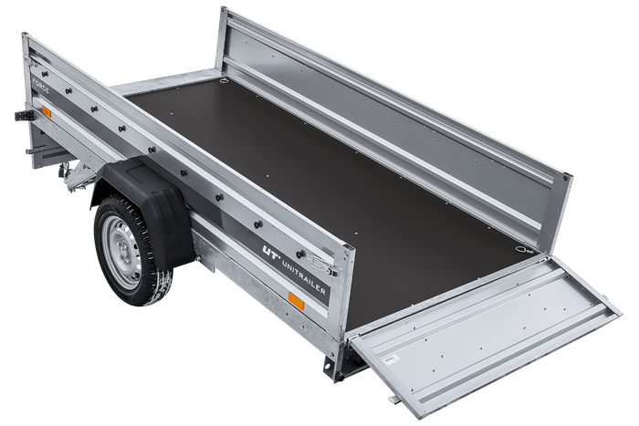Leichter Anhänger auf Blattfedern 264×125 UNITRAILER FORCE 264/R KIPP mit BIS-Seitenwänden, H-800-Rahmen und grauer Plane-Neu