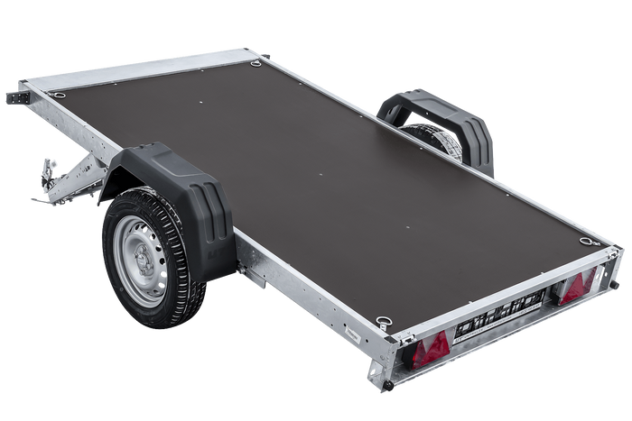 Leichter Anhänger auf Federn 230×125 UNITRAILER FORCE 230/R KIPP mit Gitterwänden, H-0-Rahmen und blauer Plane-Neu